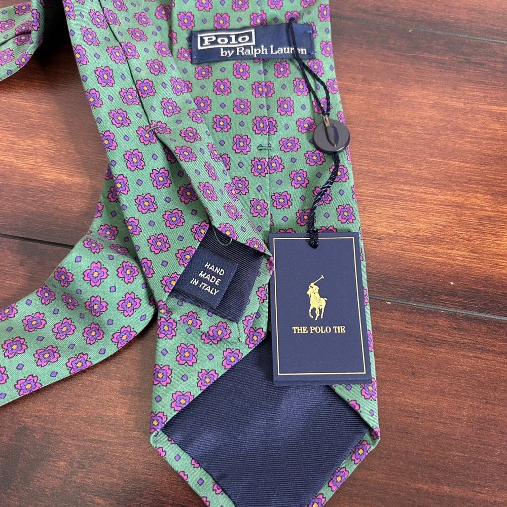 Polo Ralph Lauren Silk Tie Mens OS Green NWT Italian Handmade Floral Geometric